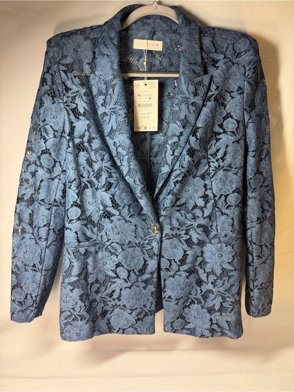 NWT Zara Blue Floral Lace Blazer Jacket XL 8366/846/400